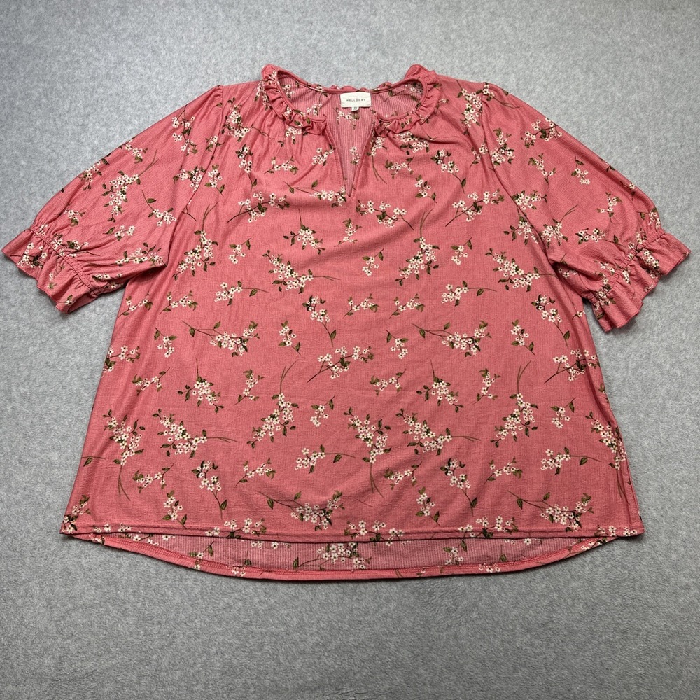 Melloday Top Plus 2X Pink Floral‎ Ruffle Peasant Boho Chic Festival Short Sleeve